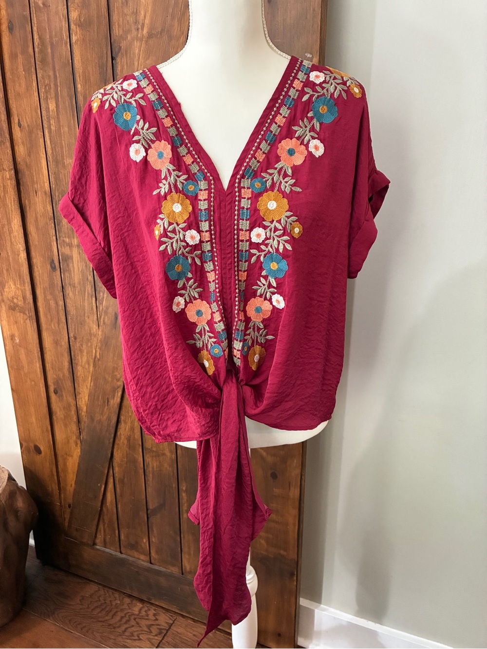 Entro Red Floral Embroidered Tunic Top Ties S Oversized Boho Hippie Peasant
